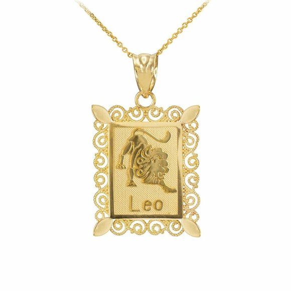10K Real Gold Leo Zodiac Sign Filigree Necklace